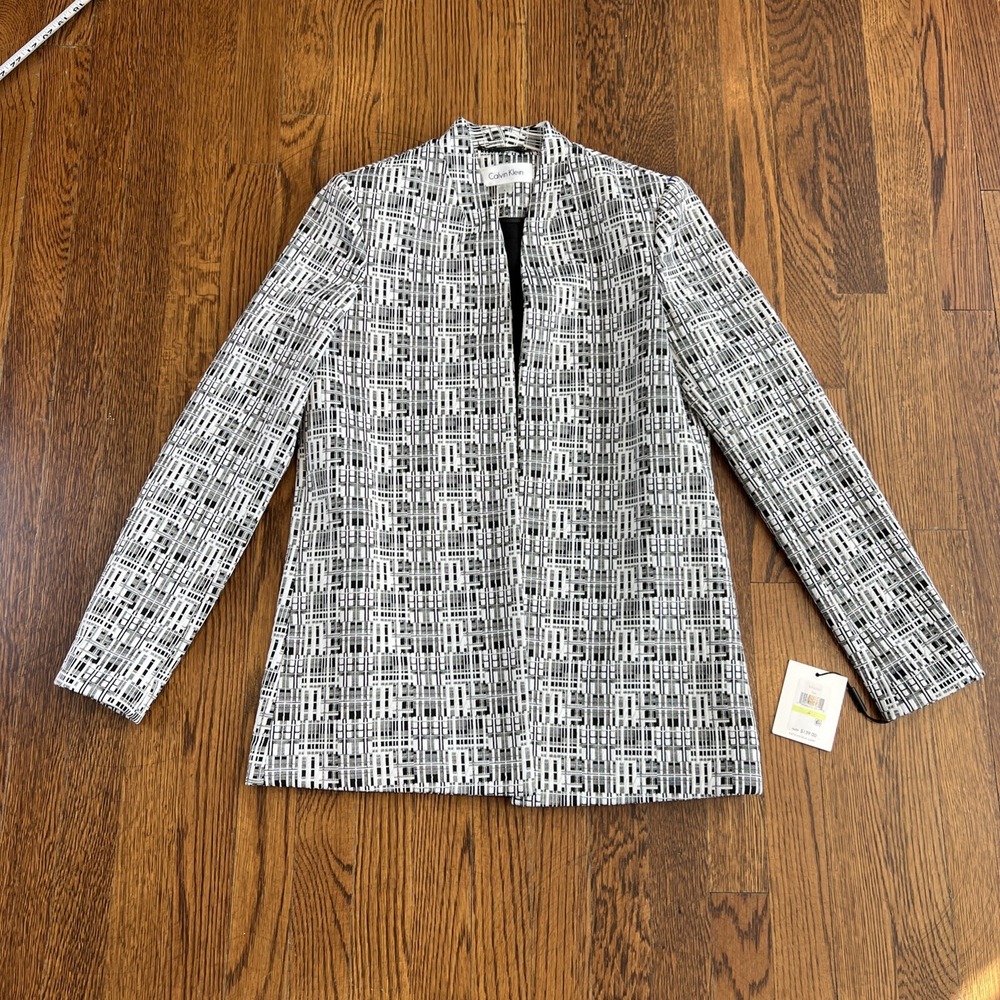 NWT Calvin Klein Black White Jacquard Open Blazer Jacket 4 Career Office Work